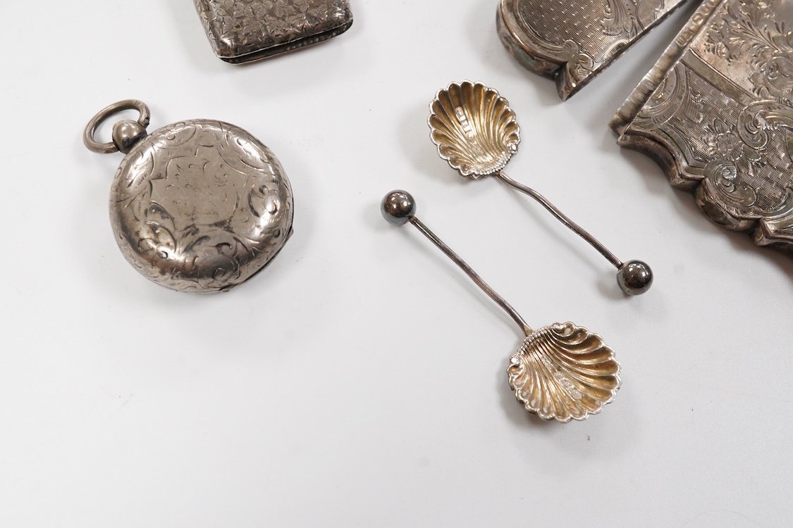 Small silver including a pair of Victorian provincial fiddle pattern sauce ladles, Robert Williams & Sons, Exeter, 1845, 16.6cm, a Victorian card case by Hilliard & Thomasson, two vesta cases, a sovereign case, a 1970's